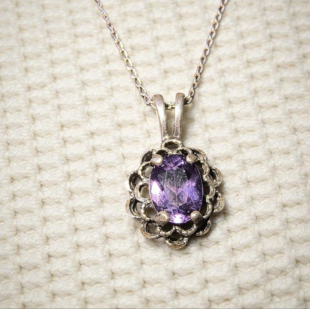 Amethyst And Sterling Silver Faceted Oval Pendant Necklace